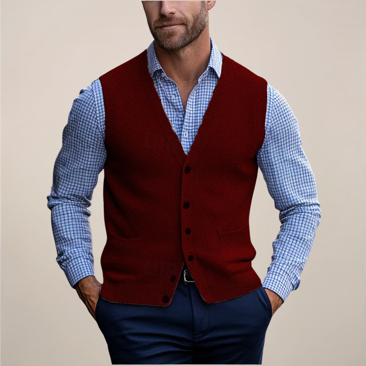 Men's sleeveless vest sweater with ribbed texture detailing