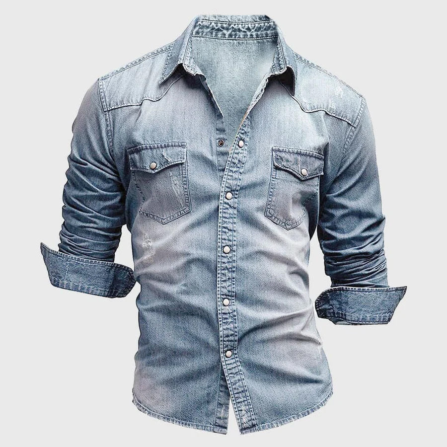 Men’s slim fit denim shirt with chest pockets and fold-down collar