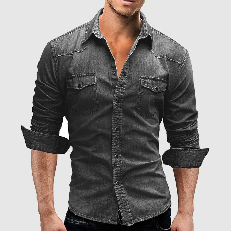Men’s slim fit denim shirt with chest pockets and fold-down collar