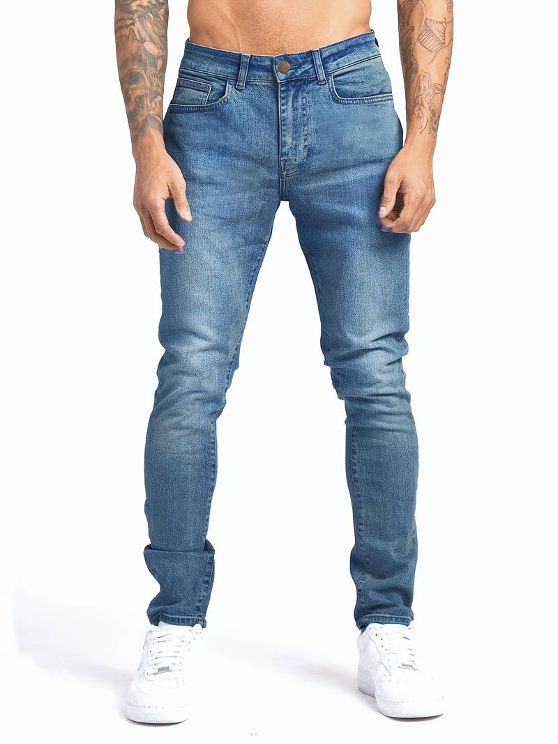 Menโs slim fit tapered denim jeans with mid rise waist and 5 pocket design for casual and smart casual wear