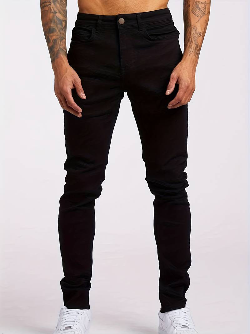 Menโs slim fit tapered denim jeans with mid rise waist and 5 pocket design for casual and smart casual wear