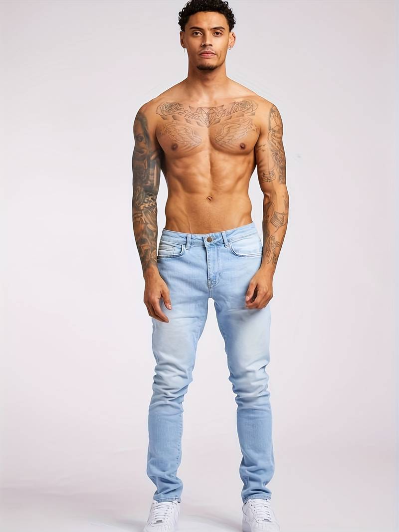 Menโs slim fit tapered denim jeans with mid rise waist and 5 pocket design for casual and smart casual wear