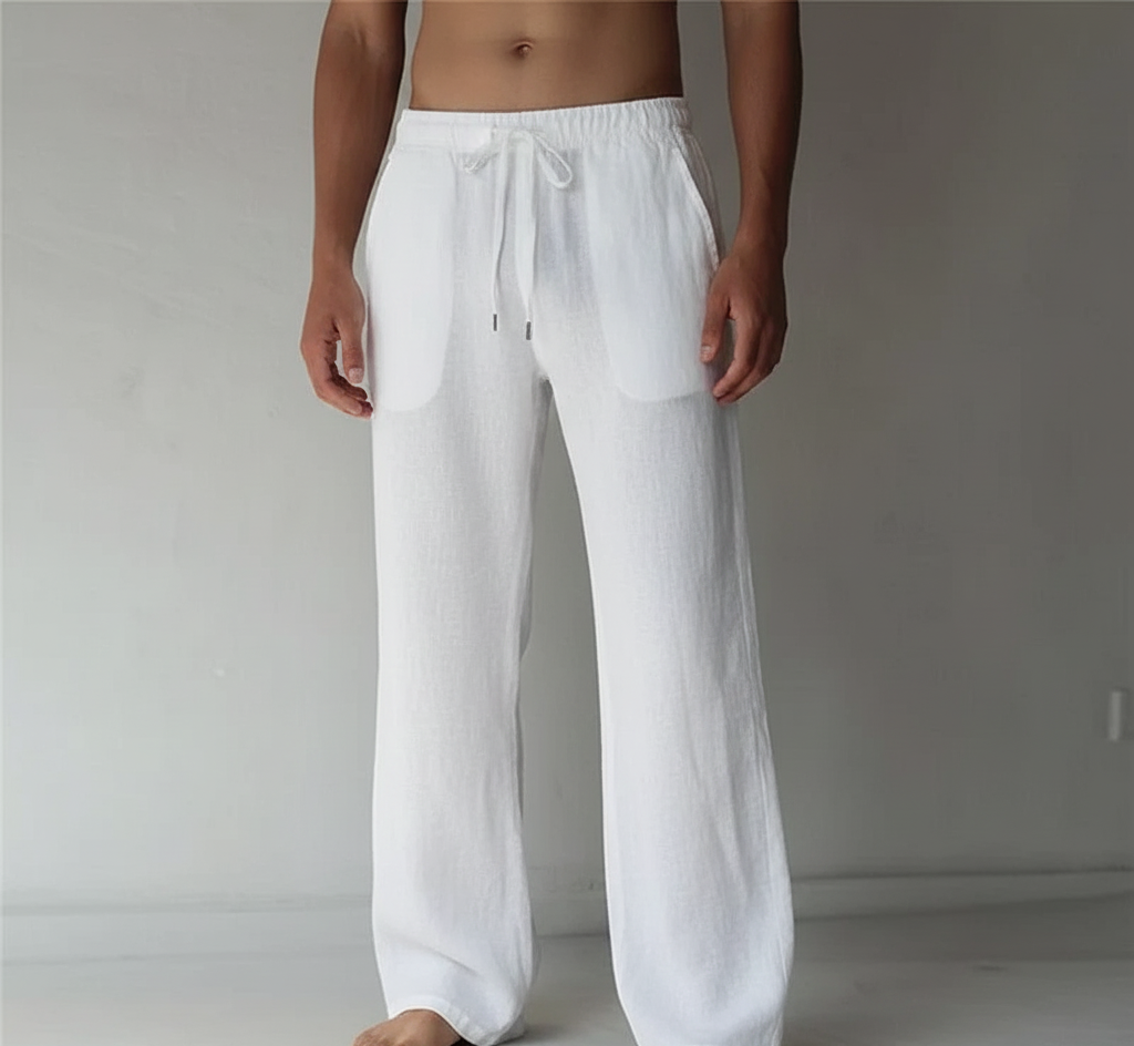 Menโs straight leg trousers with elastic waistband contrast drawstring and relaxed fit for casual and beach wear