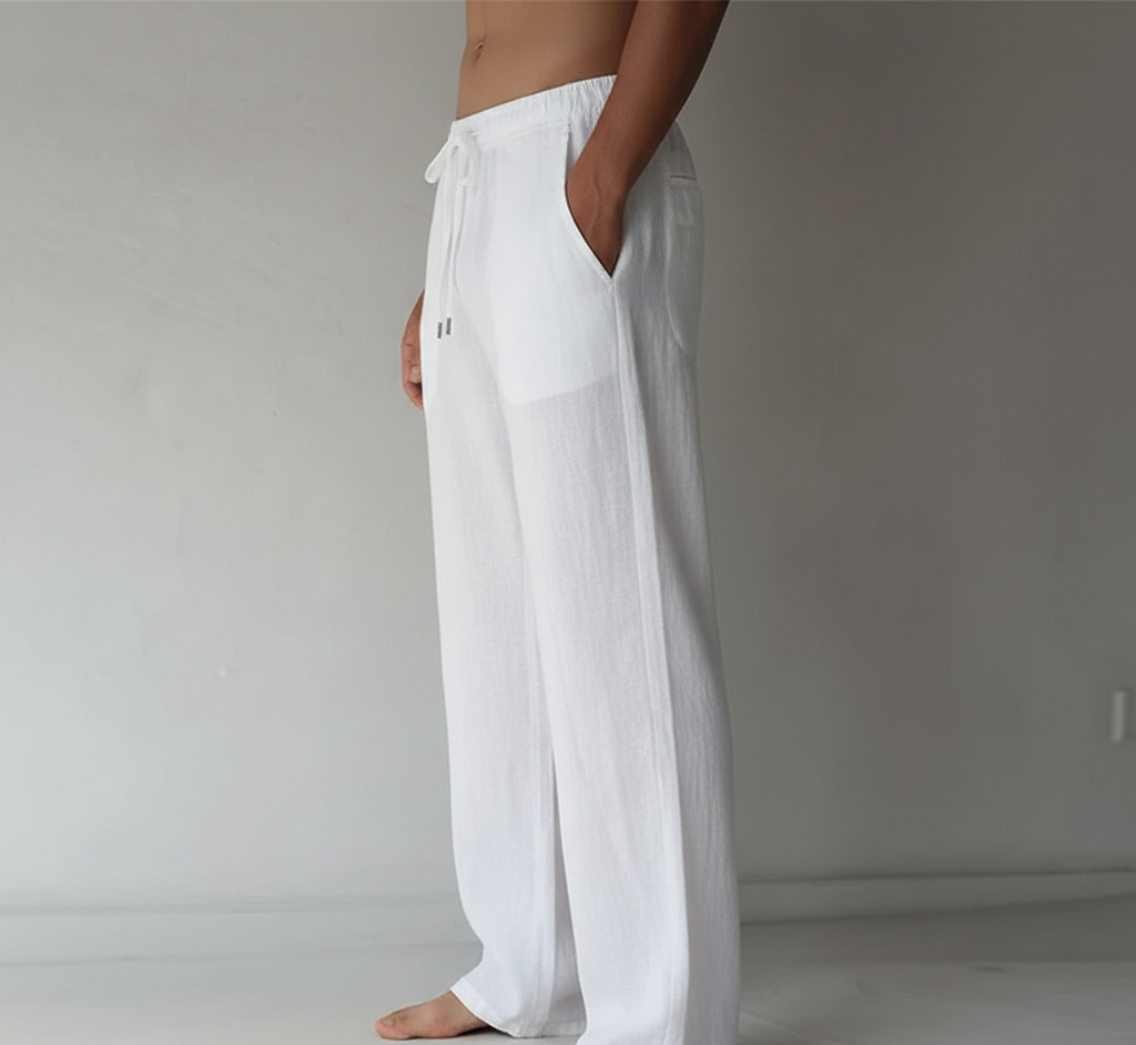 Menโs straight leg trousers with elastic waistband contrast drawstring and relaxed fit for casual and beach wear