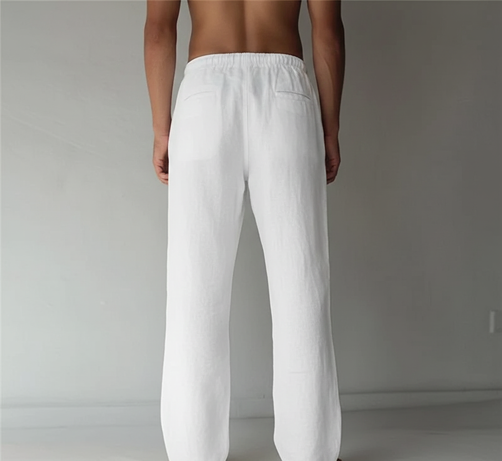 Menโs straight leg trousers with elastic waistband contrast drawstring and relaxed fit for casual and beach wear
