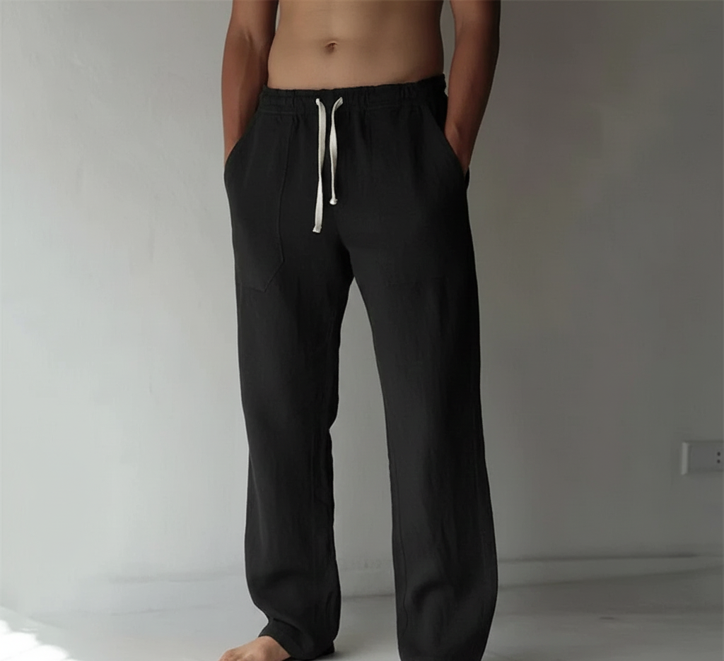 Menโs straight leg trousers with elastic waistband contrast drawstring and relaxed fit for casual and beach wear