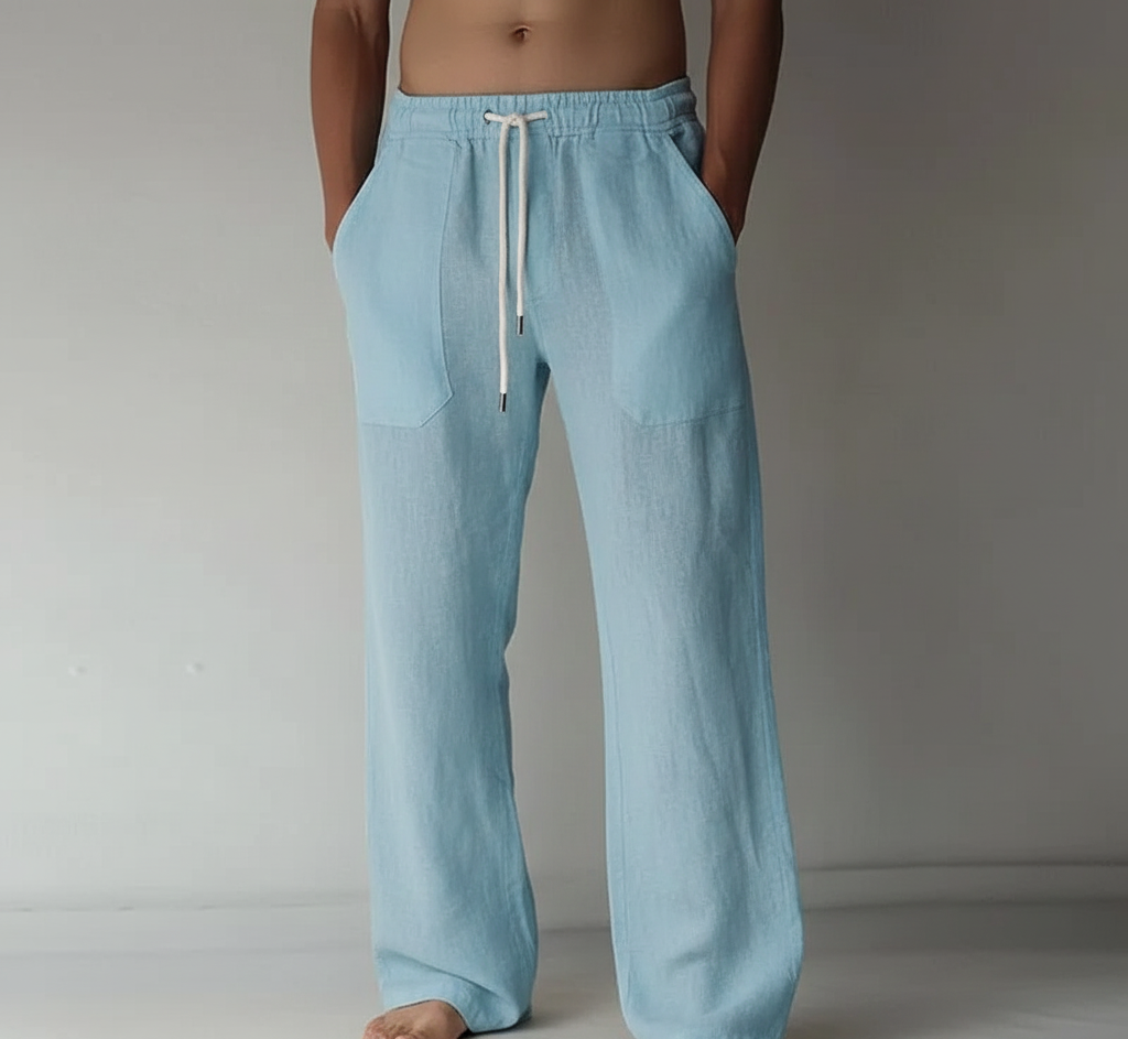 Menโs straight leg trousers with elastic waistband contrast drawstring and relaxed fit for casual and beach wear