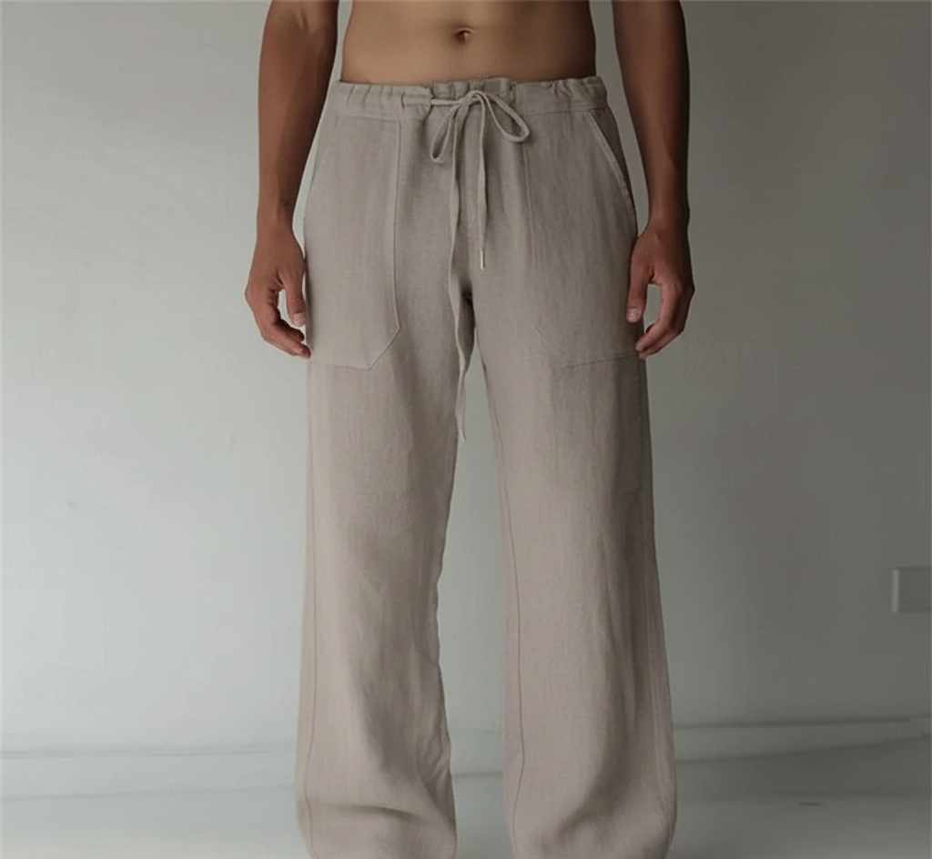 Menโs straight leg trousers with elastic waistband contrast drawstring and relaxed fit for casual and beach wear