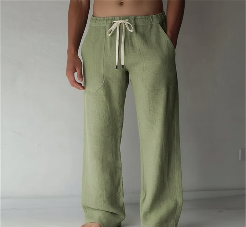 Menโs straight leg trousers with elastic waistband contrast drawstring and relaxed fit for casual and beach wear