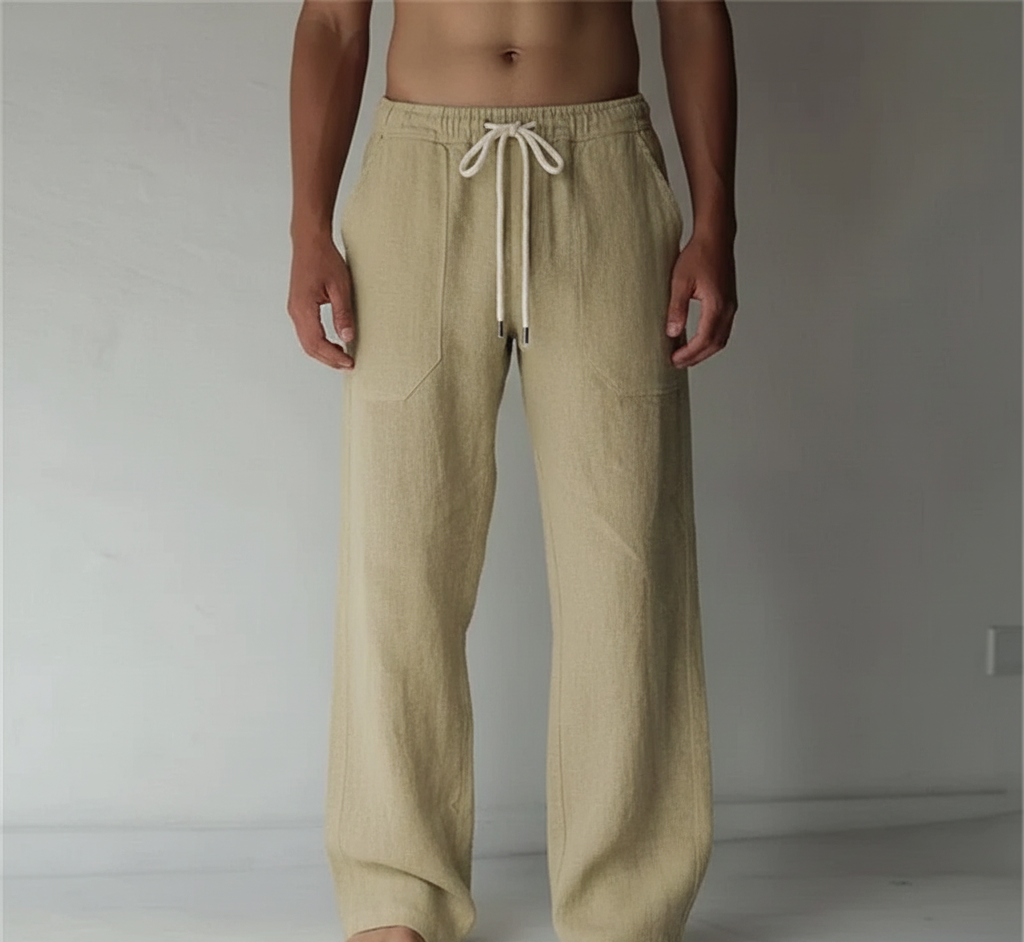 Menโs straight leg trousers with elastic waistband contrast drawstring and relaxed fit for casual and beach wear