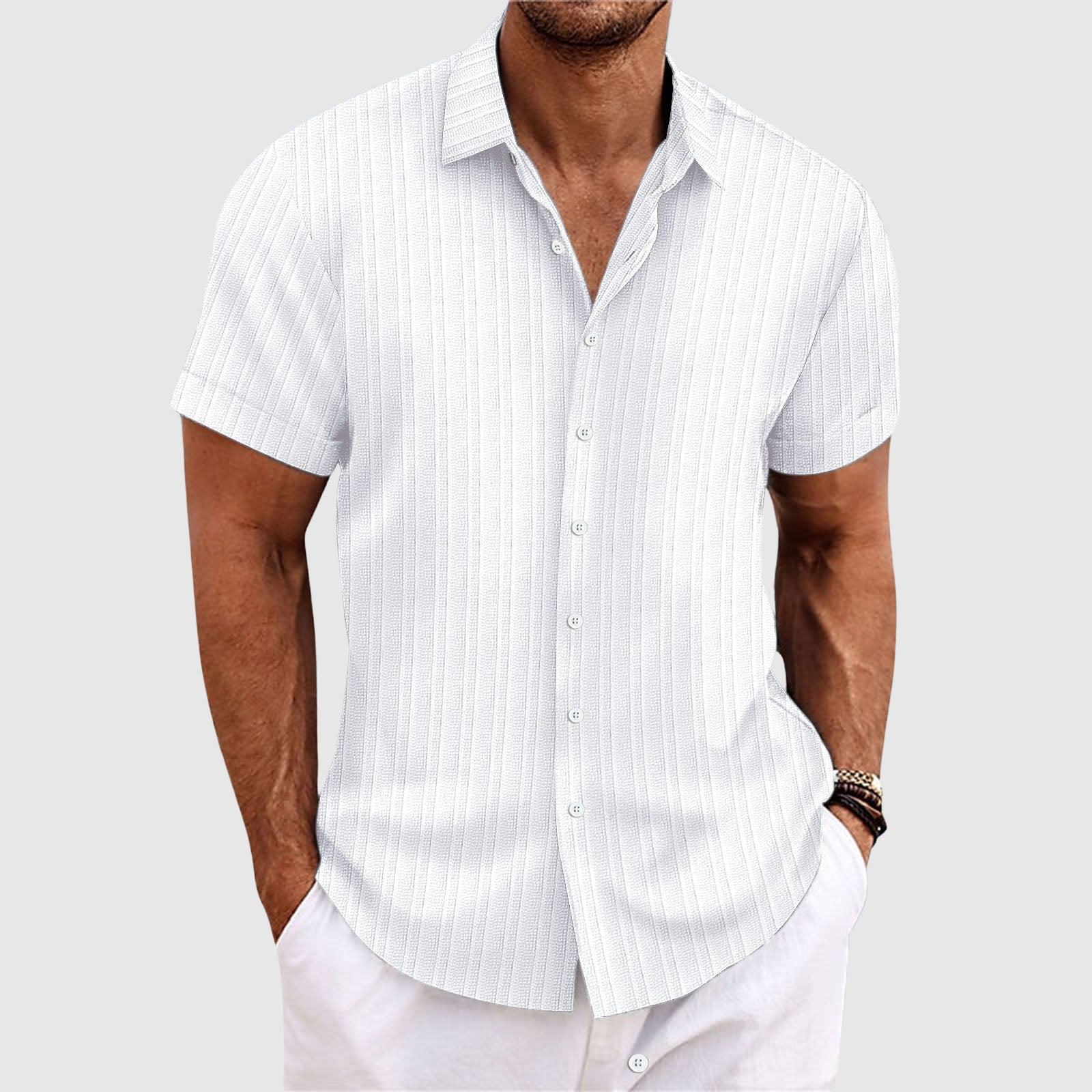 Men’s striped short sleeve button shirt with lapel collar