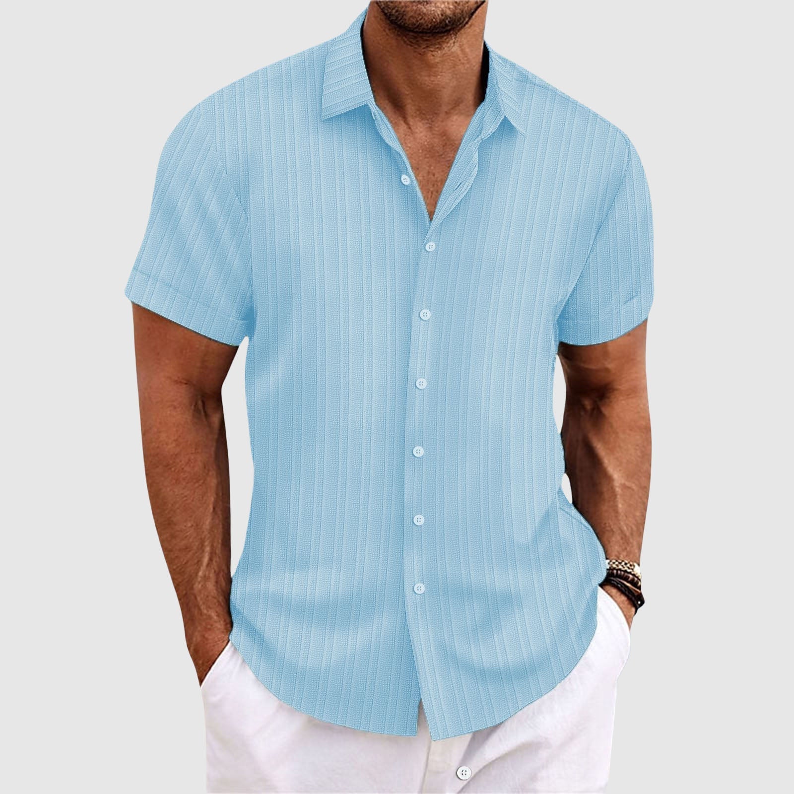 Men’s striped short sleeve button shirt with lapel collar