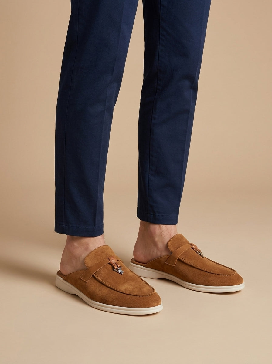 Menโs suede mule loafers open back slip on with metal bar detail and moccasin stitching for casual wear