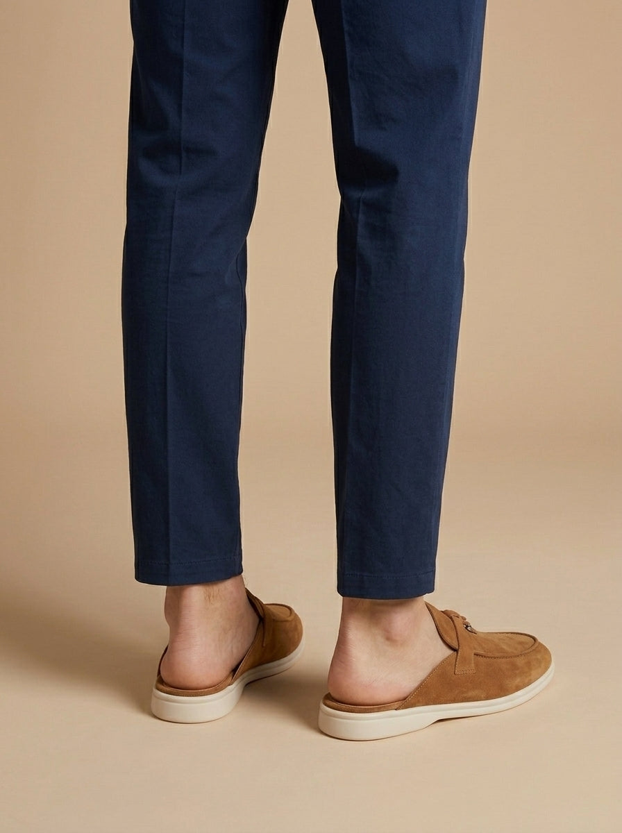 Menโs suede mule loafers open back slip on with metal bar detail and moccasin stitching for casual wear