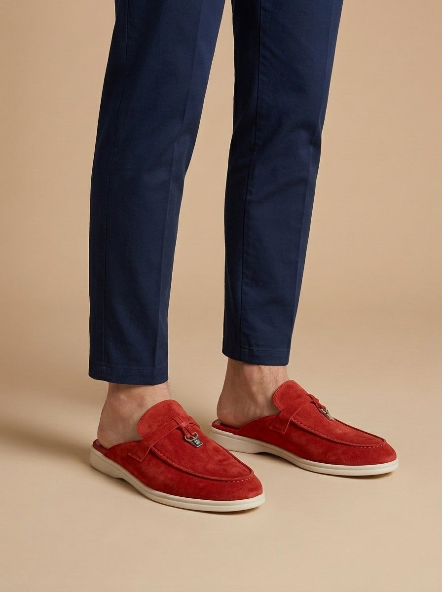 Menโs suede mule loafers open back slip on with metal bar detail and moccasin stitching for casual wear