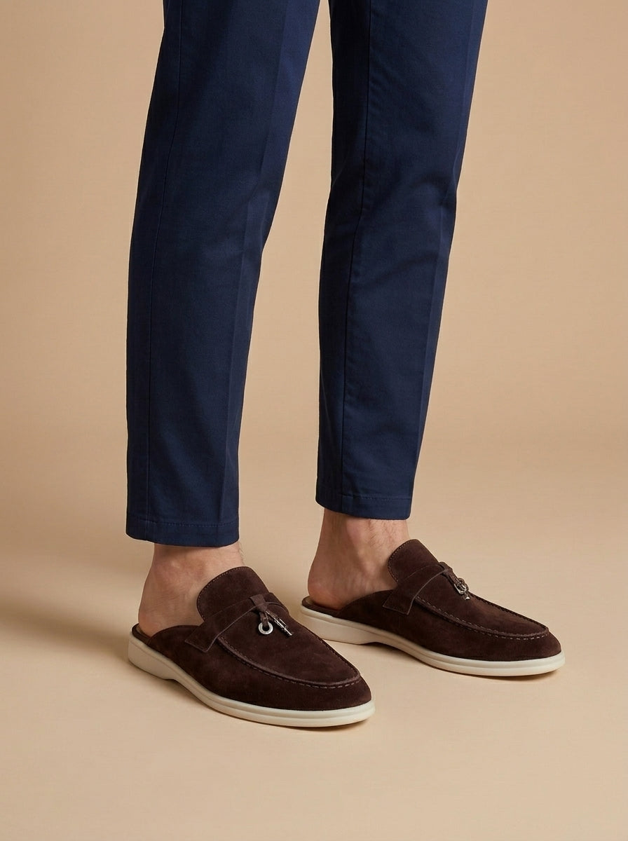 Menโs suede mule loafers open back slip on with metal bar detail and moccasin stitching for casual wear