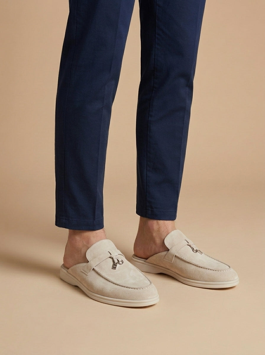 Menโs suede mule loafers open back slip on with metal bar detail and moccasin stitching for casual wear