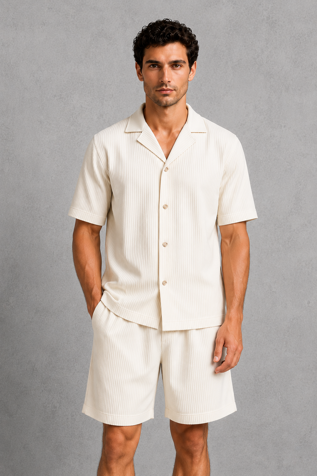 Menโs textured camp collar button-up shirt and drawstring shorts co-ord set with vertical ribbed finish