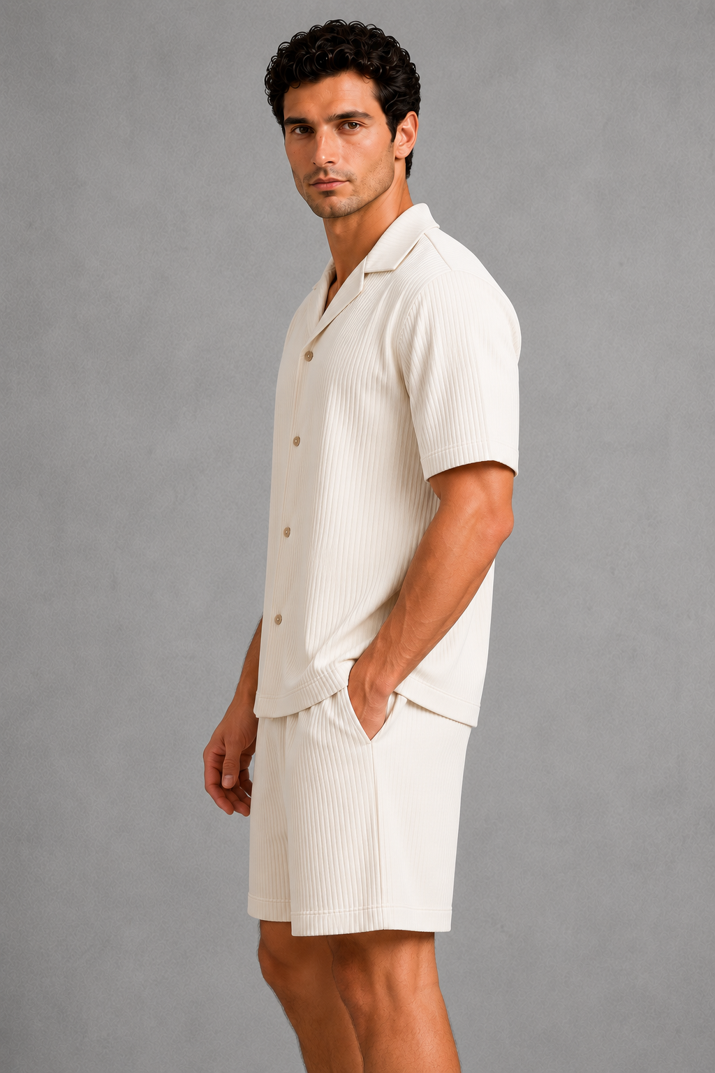Menโs textured camp collar button-up shirt and drawstring shorts co-ord set with vertical ribbed finish