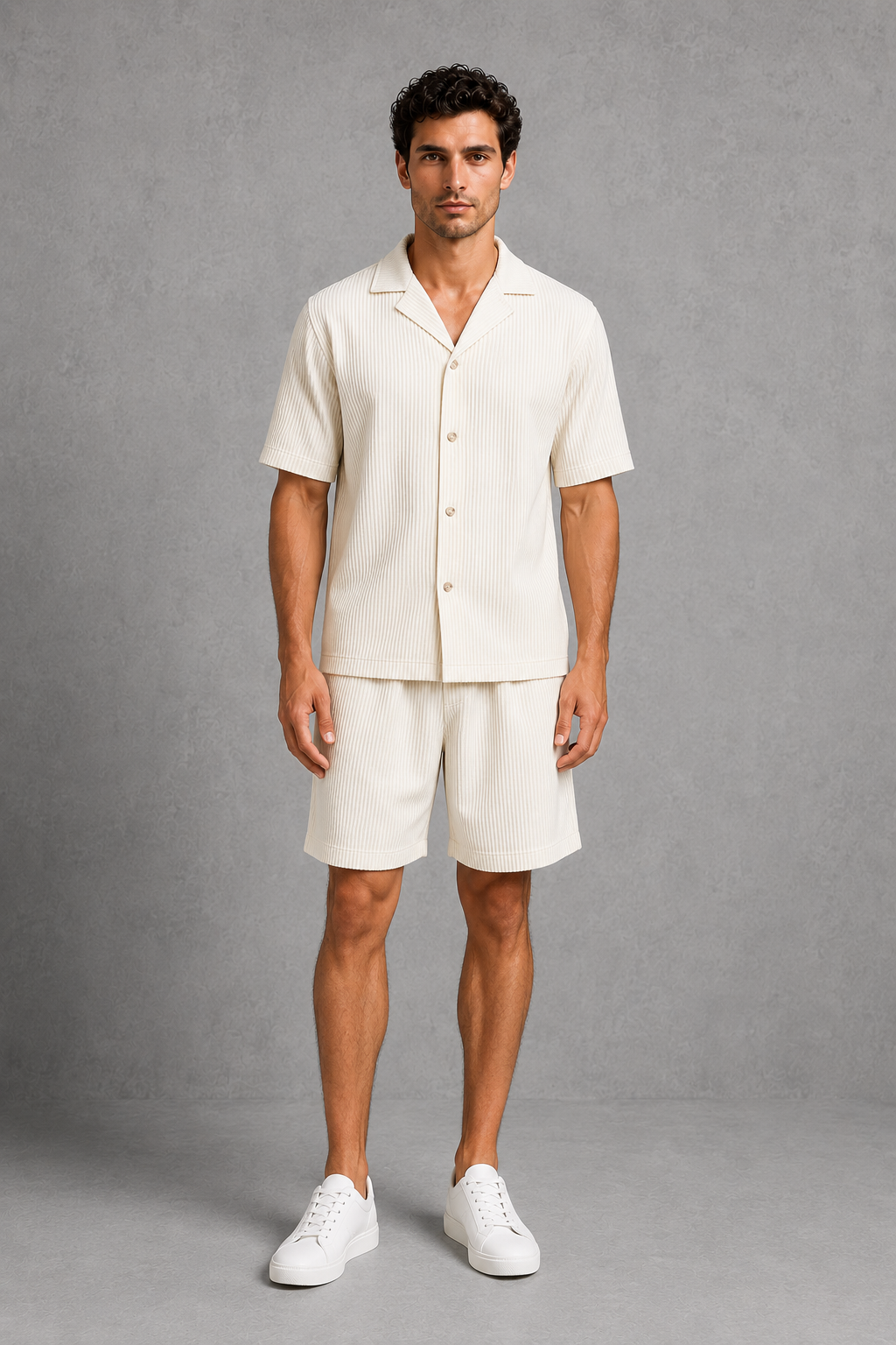 Menโs textured camp collar button-up shirt and drawstring shorts co-ord set with vertical ribbed finish