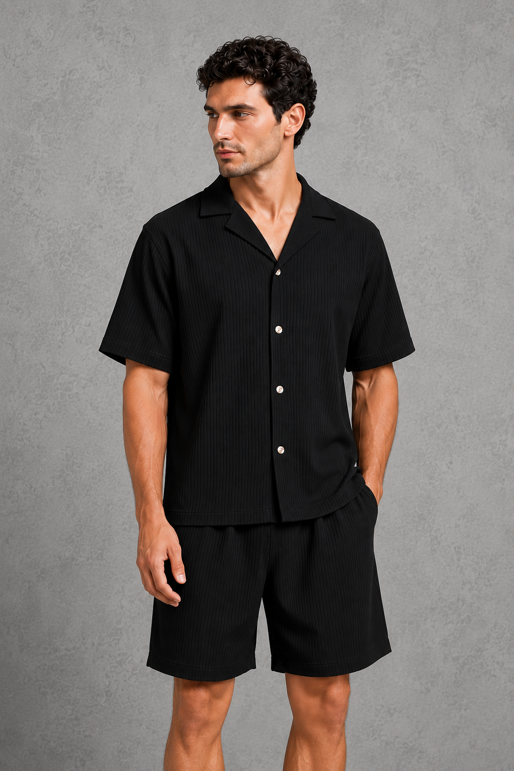 Menโs textured camp collar button-up shirt and drawstring shorts co-ord set with vertical ribbed finish