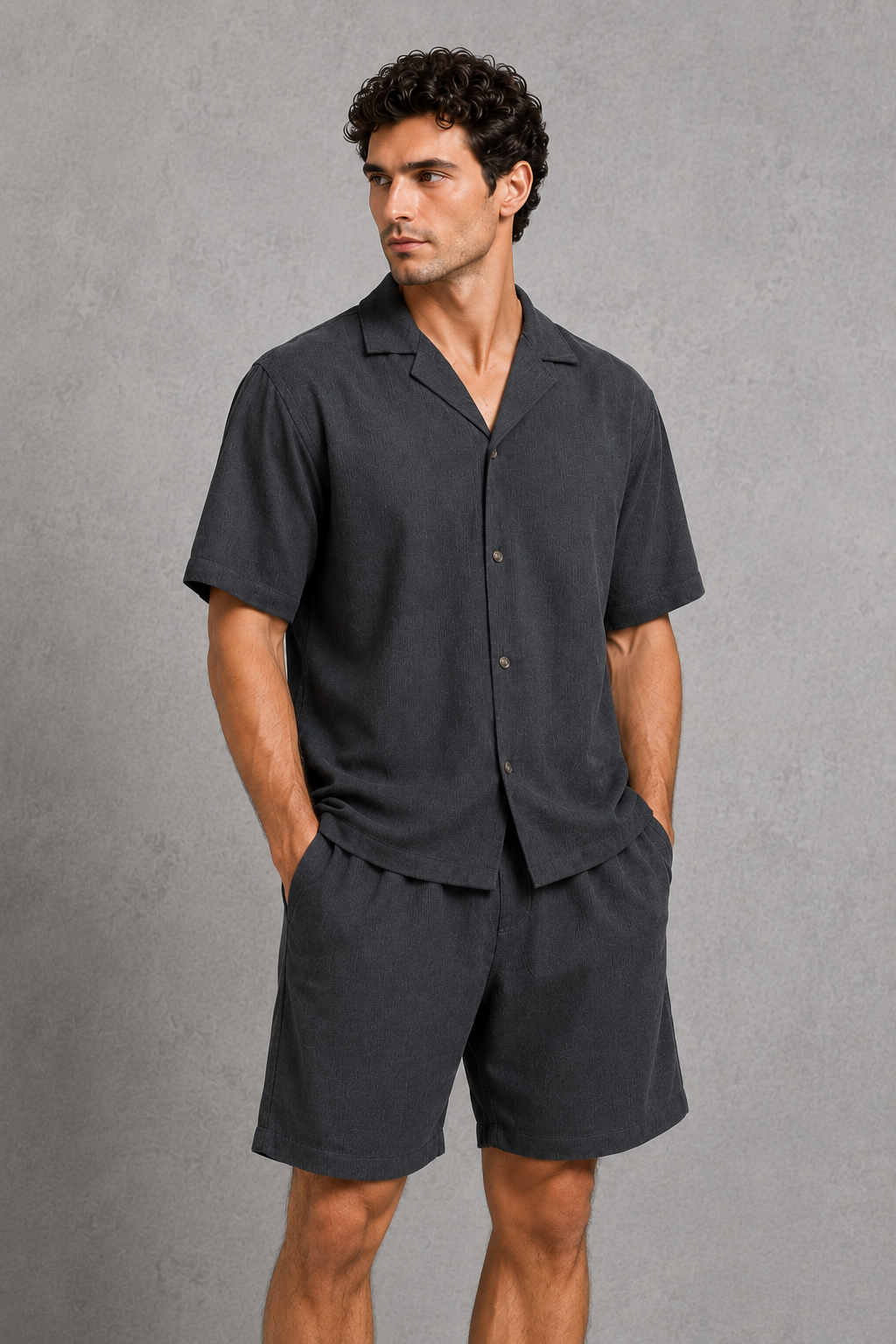 Menโs textured camp collar button-up shirt and drawstring shorts co-ord set with vertical ribbed finish