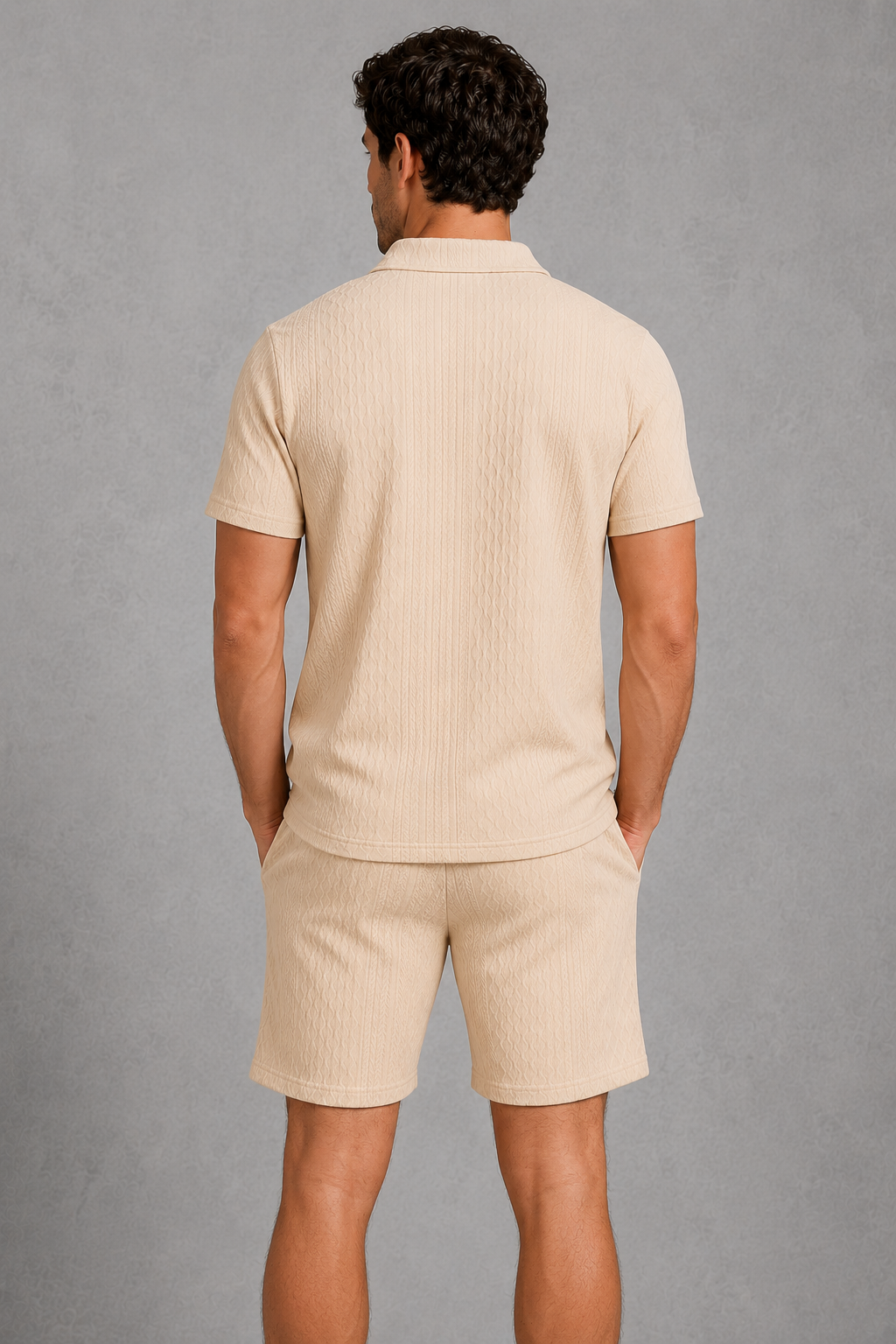 Menโs textured polo shirt and matching drawstring shorts co-ord set, designed for stylish and comfortable summer casual wear.