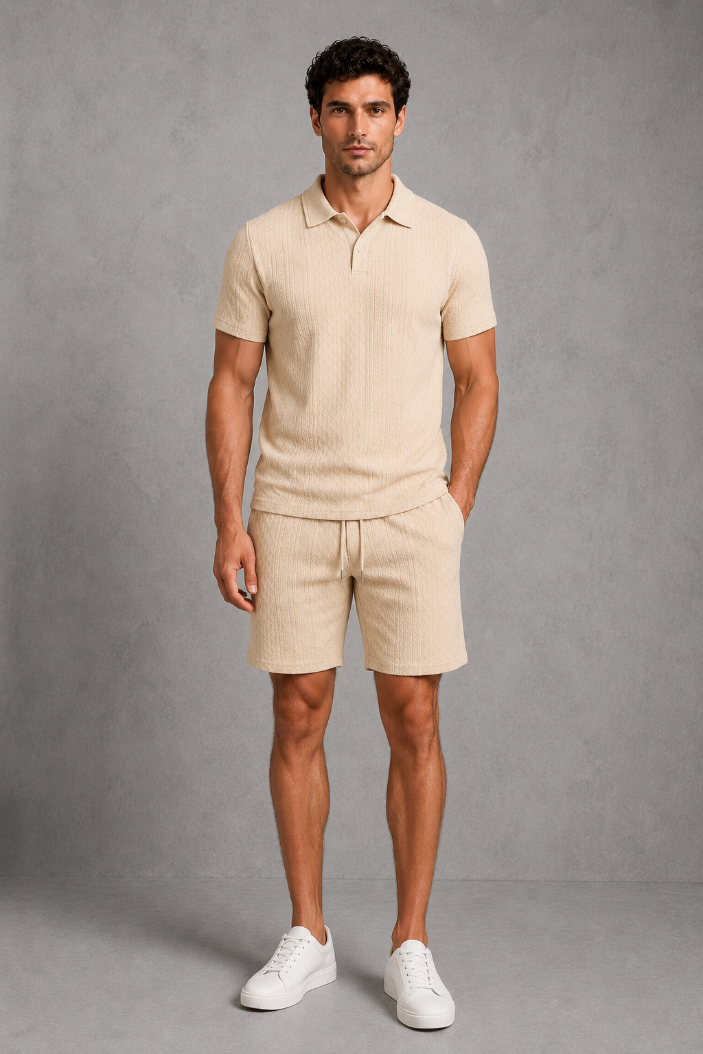Menโs textured polo shirt and matching drawstring shorts co-ord set, designed for stylish and comfortable summer casual wear.