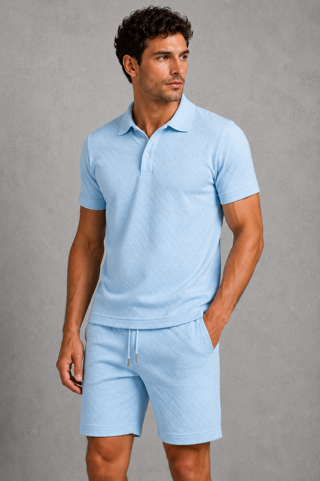 Menโs textured polo shirt and matching drawstring shorts co-ord set, designed for stylish and comfortable summer casual wear.