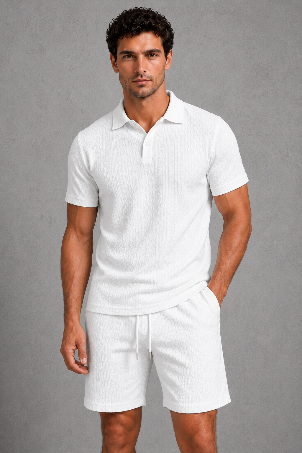 Menโs textured polo shirt and matching drawstring shorts co-ord set, designed for stylish and comfortable summer casual wear.