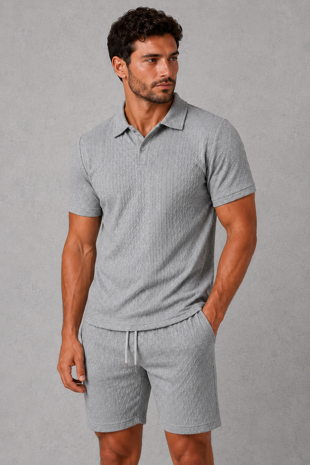 Menโs textured polo shirt and matching drawstring shorts co-ord set, designed for stylish and comfortable summer casual wear.