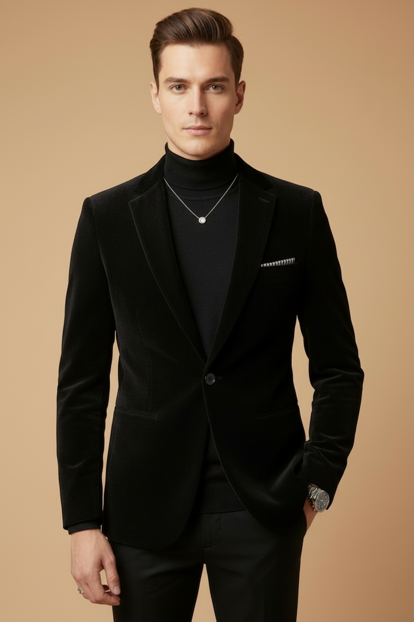 Men’s Slim Tailored Velvet Blazer with Classic Lapels