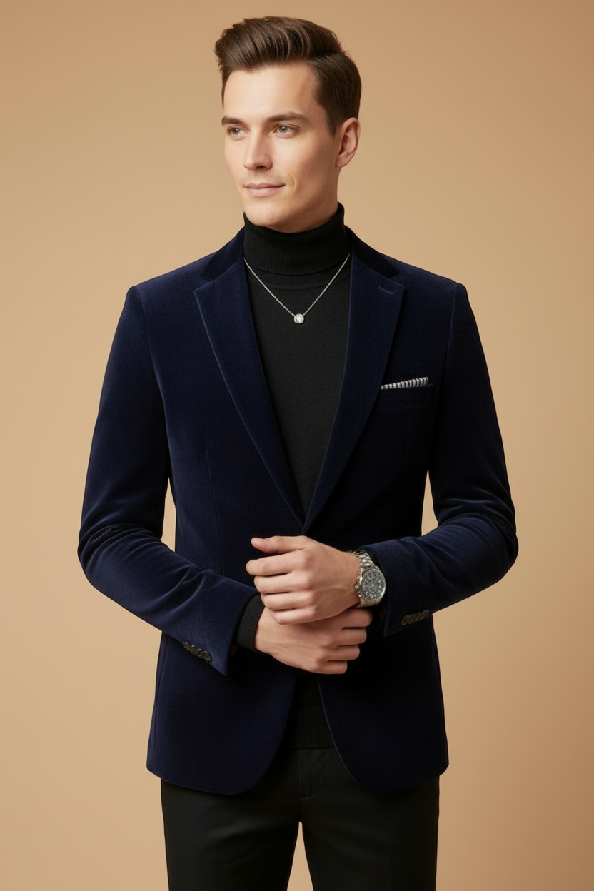 Men’s Slim Tailored Velvet Blazer with Classic Lapels