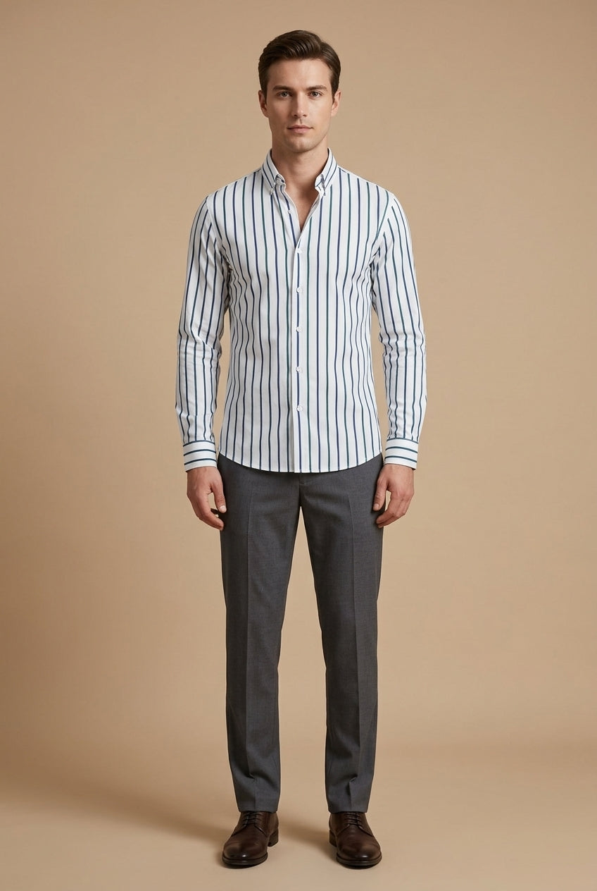 Menโs slim fit vertical stripe button down shirt in navy red and white for smart casual and business wear