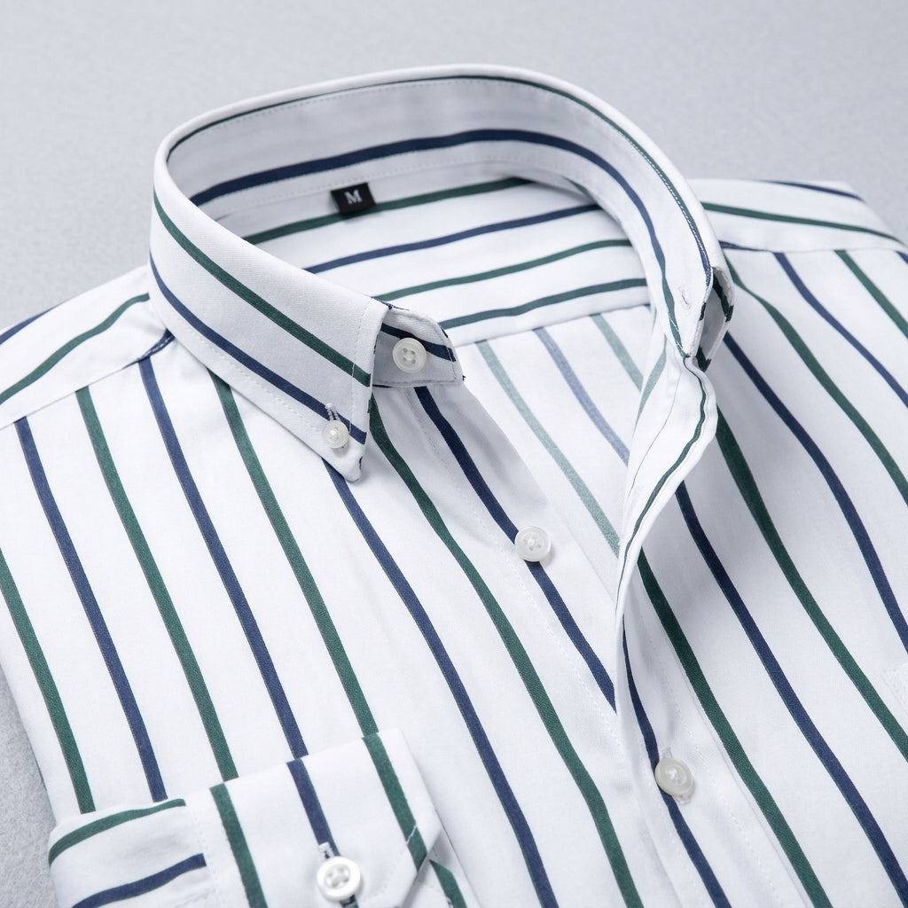 Menโs slim fit vertical stripe button down shirt in navy red and white for smart casual and business wear