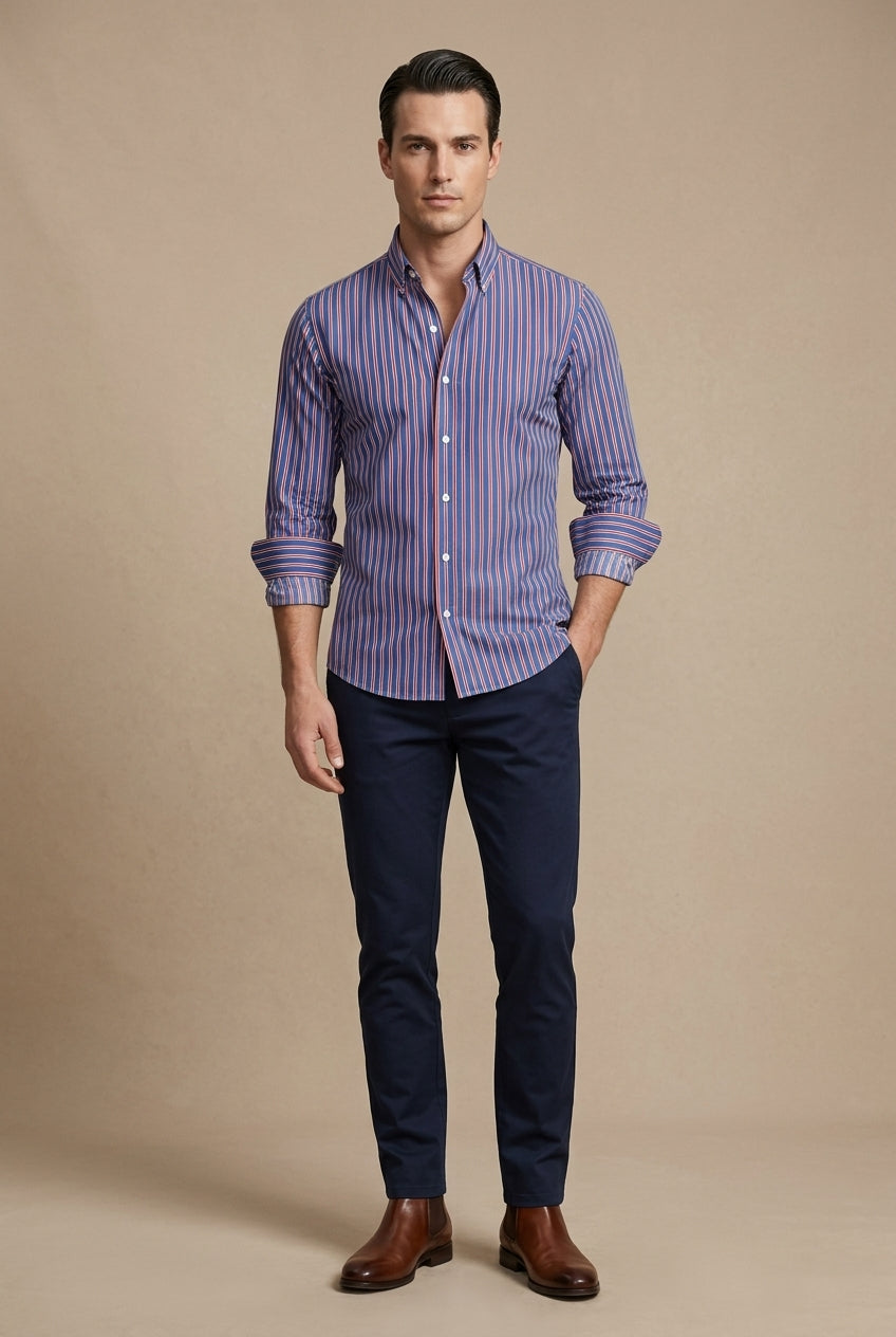 Menโs slim fit vertical stripe button down shirt in navy red and white for smart casual and business wear