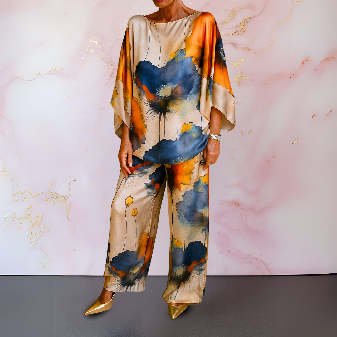 Women wearing a satin two-piece pants set with relaxed fit