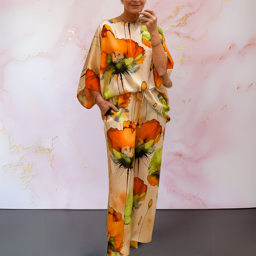 Women wearing a satin two-piece pants set with relaxed fit