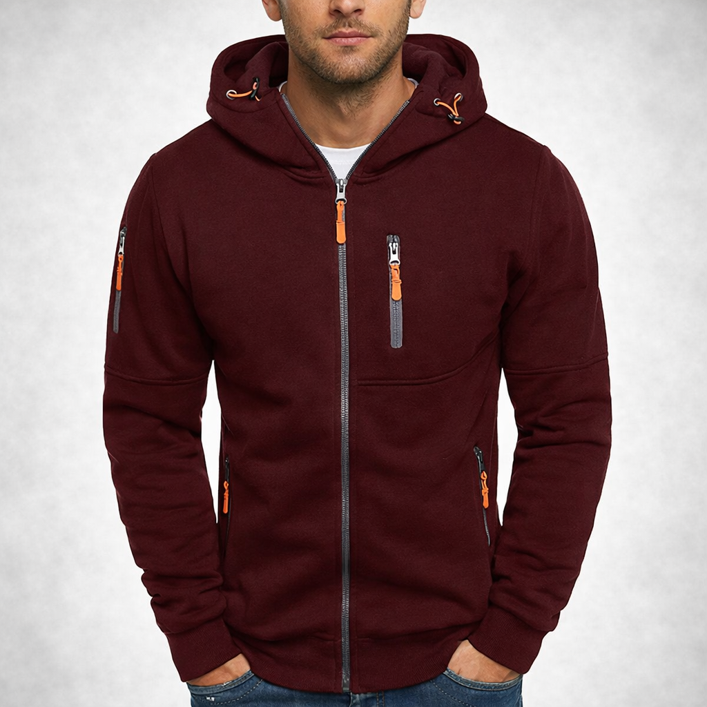 Maroon hoodie with orange zippers on a light gray background