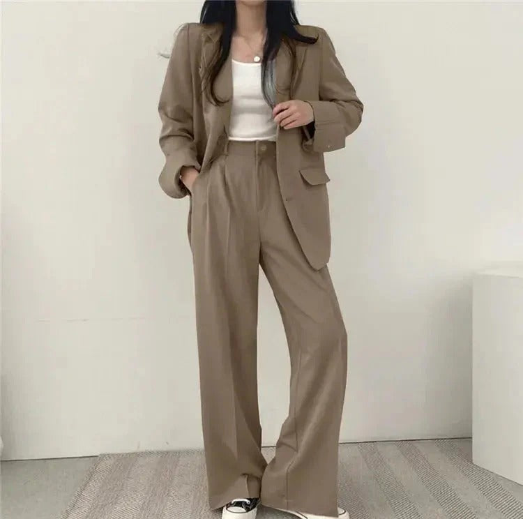 Women blazer and wide leg trouser suit set with high waist pants and structured fit for office workwear