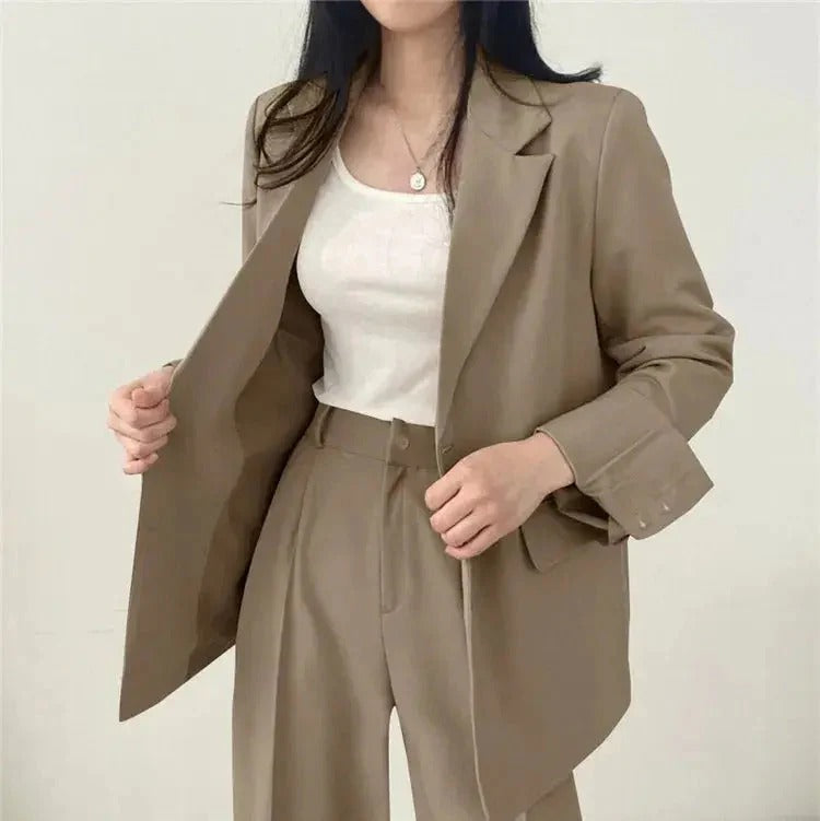 Women blazer and wide leg trouser suit set with high waist pants and structured fit for office workwear