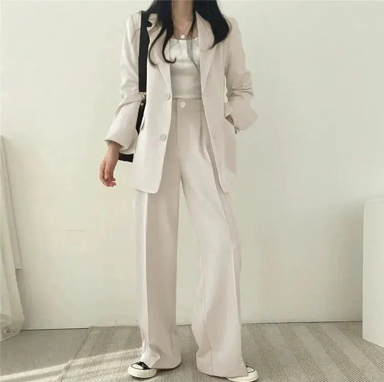 Women blazer and wide leg trouser suit set with high waist pants and structured fit for office workwear