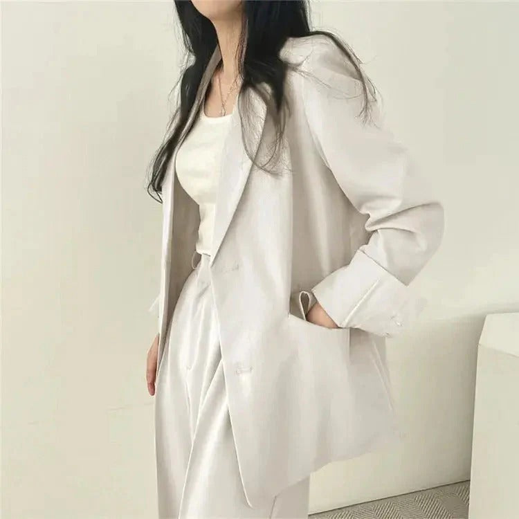 Women blazer and wide leg trouser suit set with high waist pants and structured fit for office workwear