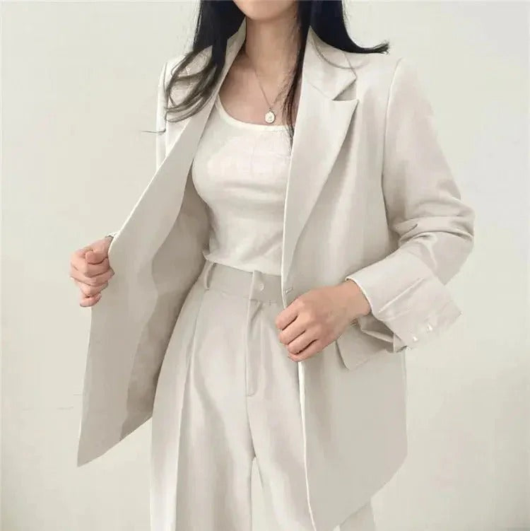 Women blazer and wide leg trouser suit set with high waist pants and structured fit for office workwear