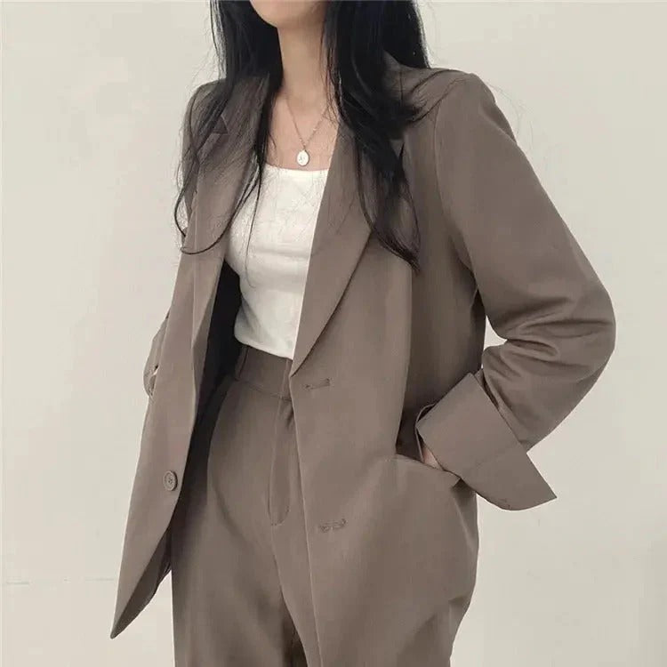Women blazer and wide leg trouser suit set with high waist pants and structured fit for office workwear