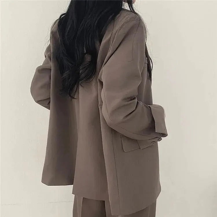 Women blazer and wide leg trouser suit set with high waist pants and structured fit for office workwear