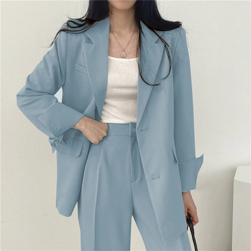 Women blazer and wide leg trouser suit set with high waist pants and structured fit for office workwear