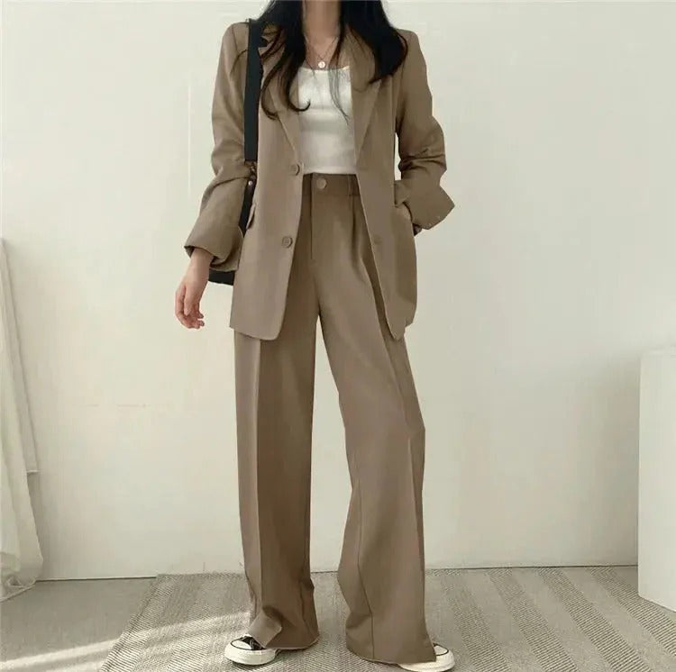 Women blazer and wide leg trouser suit set with high waist pants and structured fit for office workwear