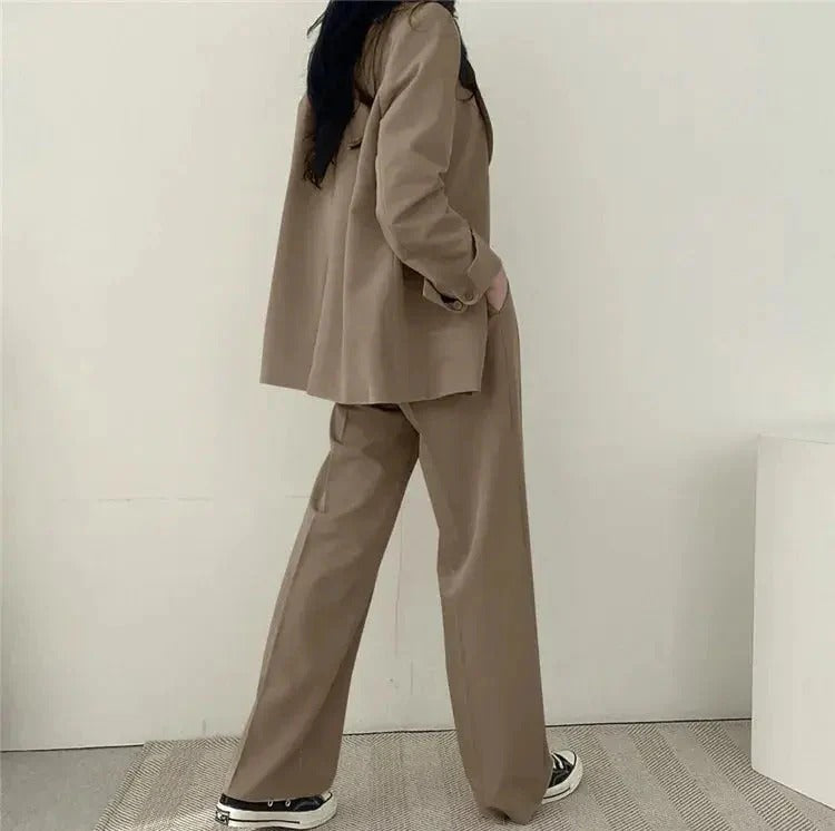 Women blazer and wide leg trouser suit set with high waist pants and structured fit for office workwear