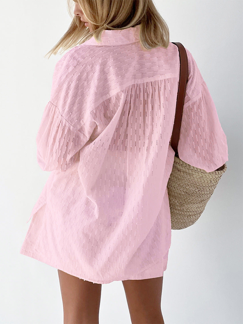 Women oversized broderie stripe two piece set with long sleeve shirt and elastic waist shorts for summer resort wear
